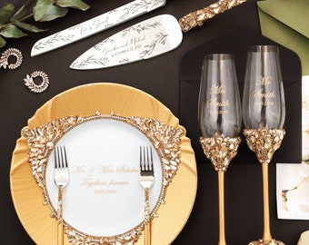 Personalized gifts Wedding glasses for Bride and Groom Cake Server Set Wedding plate forks Gold 50th Anniversary champagne flutes engraved