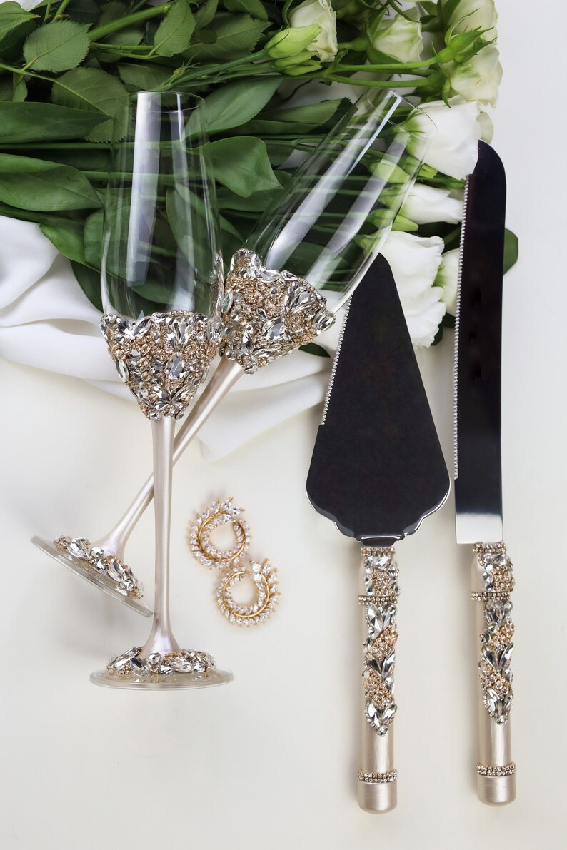 Wedding Champagne Flutes and Cake Server Set Wedding Etsy