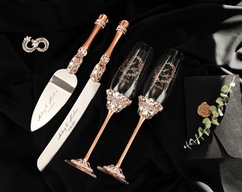 Wedding flutes for bride and groom cake server set, Wedding 25th anniversary gifts Cake cutting set with flutes Cake server and knife gold