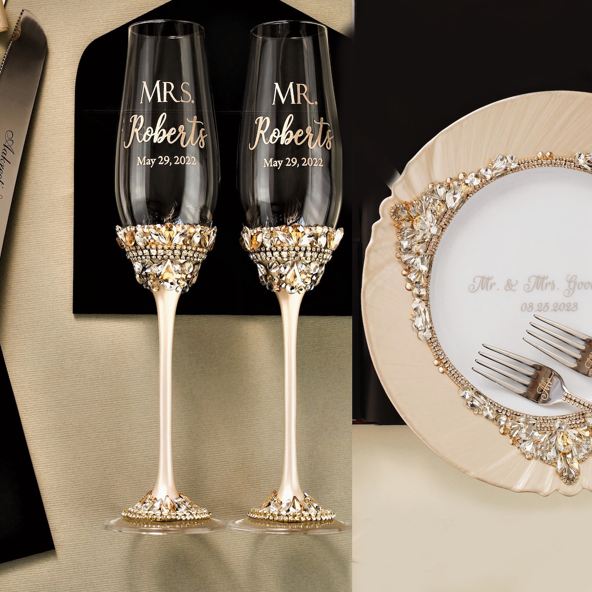 Personalized Champagne Flutes and Cake Server Set Wedding Anniversary Gift Engrave Toasting Glasses and Cake Cutting Set Bridal Shower Gift - Etsy