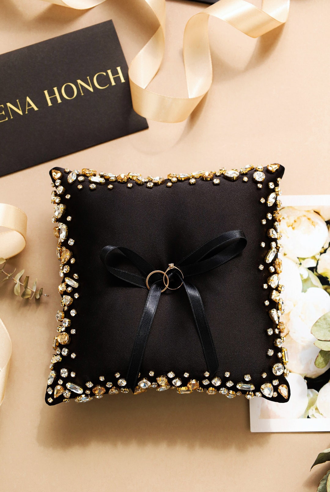 Bling Wedding Bearer Pillow for Rings Rhinestones Gold Black Ring ...