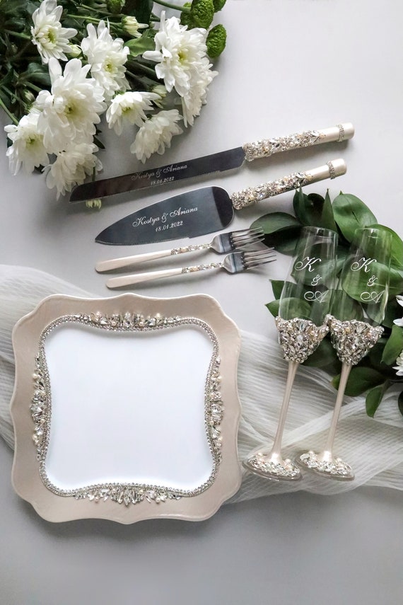 Ivory wedding champagne glasses and Cake server set,wedding gift Plate and forks toasting flutes Cake cutter glasses dish forks Plate