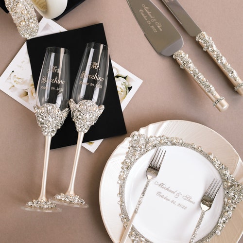 Ivory and Gold Wedding Toasting Glasses and Cake Cutting Set Etsy