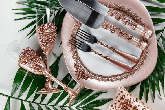  Rose  gold  wedding  glasses Cake  server  set  Plate and forks 