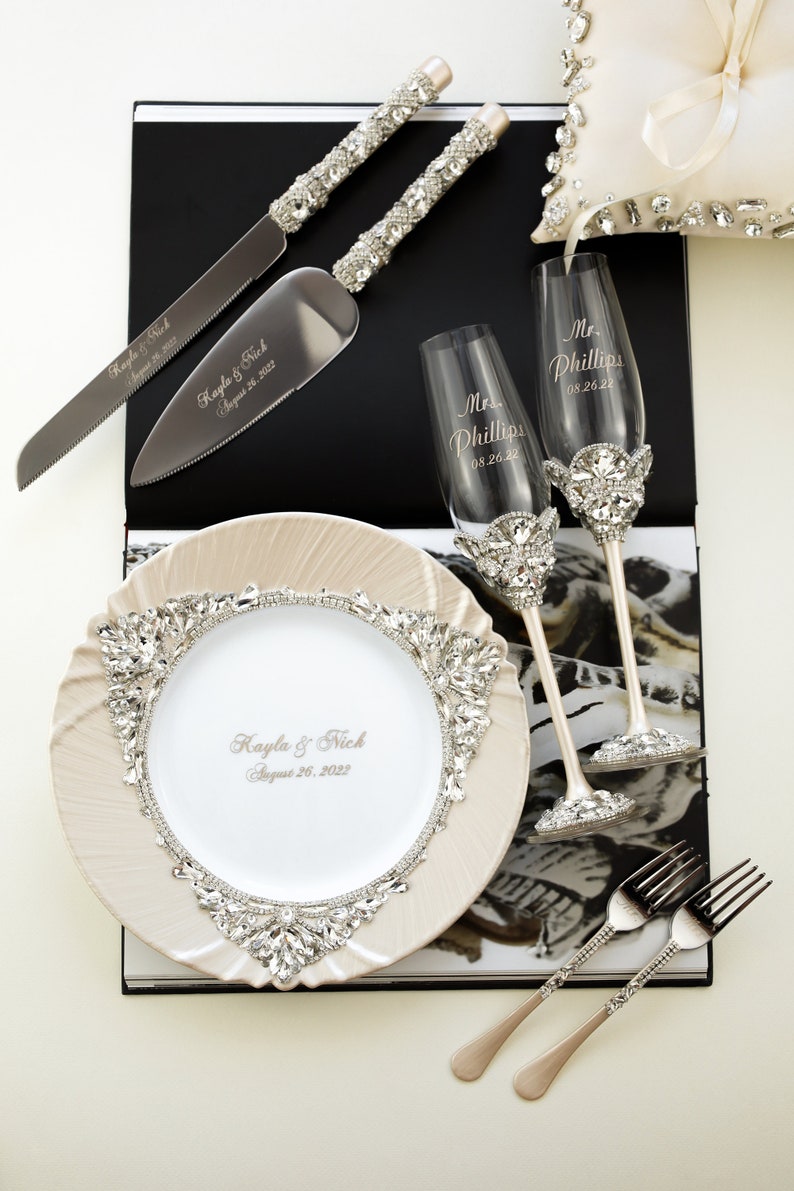 Personalized gifts Wedding glasses for Bride and Groom Cake Server Set Wedding plate forks Gold 50th Anniversary champagne flutes engraved image 9