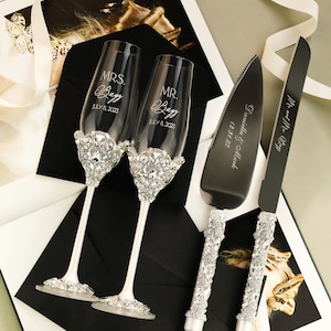 Personalized wedding gift for bride White champagne flutes and cake cutting set Plate toasting glasses and cake set Anniversary wedding gift