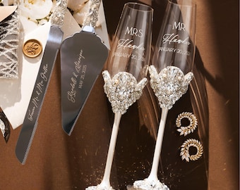 Regalo de boda personalizado para pareja, copas de champán y juego de corte de pastel, copas de brindis de perla y juego de pastel, regalo de boda del 50 aniversario