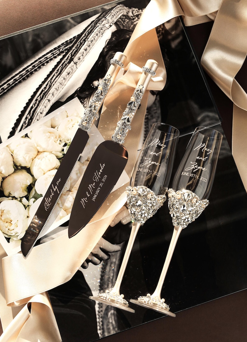 Personalized wedding gifts for couple champagne flutes and cake cutting set, Ivory toasting glasses and cake set, Anniversary wedding gifts