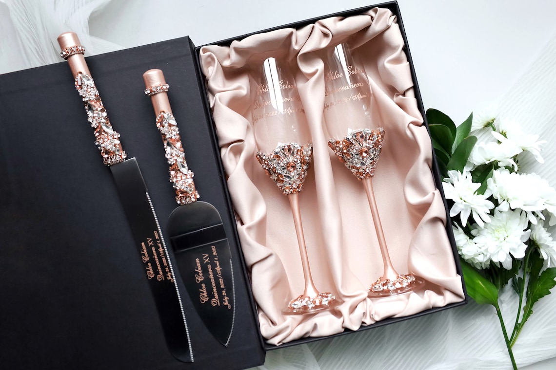 Rose gold wedding glasses Cake server set Plate and forks Rose image 1