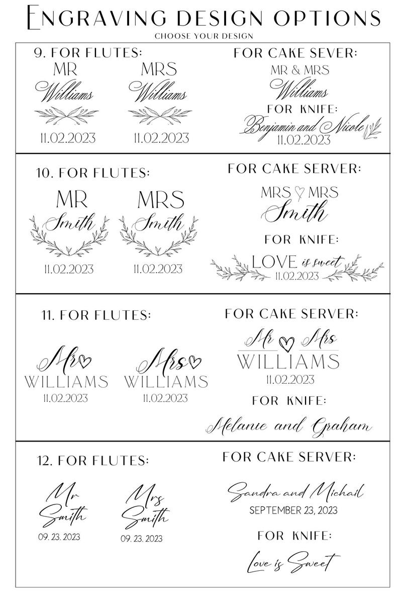 May include: A design options sheet for engraving, featuring various wedding-themed text layouts. Includes examples for flutes and cake servers with names and dates. The text includes phrases like "Engraving Design Options" and "Choose Your Design".