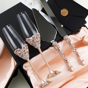 Wedding gifts for couple Champagne flutes cake server set Wedding 10th anniversary gifts Cake cutting set flutes Cake server and knife set