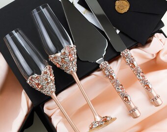 wedding Champagne flutes and cake server set, Wedding anniversary gift, Ivory Cake cutting set flutes Cake server and knife flutes, set of 4