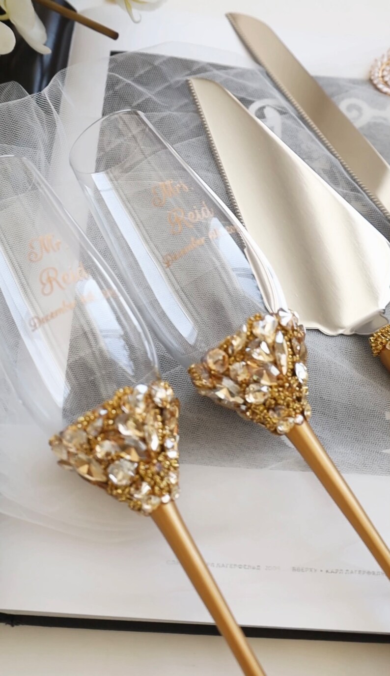Gold Wedding Flutes and Cake Cutting Set Wedding Champagne Etsy