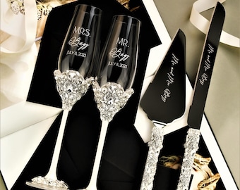 Personalized wedding gift for bride White champagne flutes and cake cutting set Plate toasting glasses and cake set Anniversary wedding gift