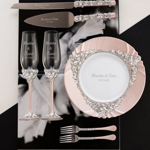 BLUSH wedding glasses Cake server set Plate and forks Gift for bride anniversary wedding gift for couple Blush Champagne flutes and cake set