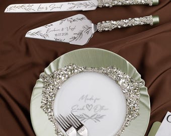 Olive sage green Wedding cake cutting server knife plate forks engraved champagne flutes eucalyptus toasting glasses  Mrs gift bridal shower