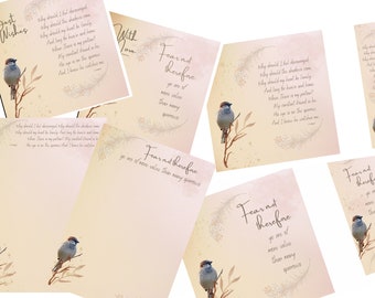 Christian Stationery download, with 2 scripture/quote options 6x6 inch Print, Bookmark, A5 notepaper and Greetings Card. Sparrow & Feathers