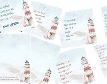 Christian Stationery download, with two scripture/quote options. 6x6 inch Print, Bookmark, A5 notepaper and Greetings Card. Lighthouse.