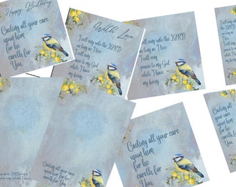 Christian Stationery download, with 2 scripture/quote options 6x6 inch Print, Bookmark, A5 notepaper and Greetings Card. Blue Tit Bird