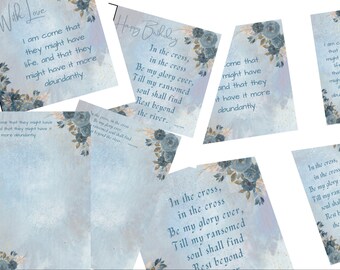 Christian Stationery download, with two scripture/quote options. 6x6 inch Print, Bookmark, A5 notepaper and Greetings Card. Blue Flowers.