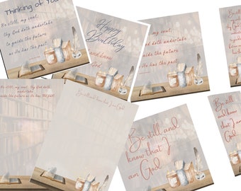 Christian Stationery download, with 2 scripture/quote options 6x6 inch Print, Bookmark, A5 notepaper and Greetings Card. Library books