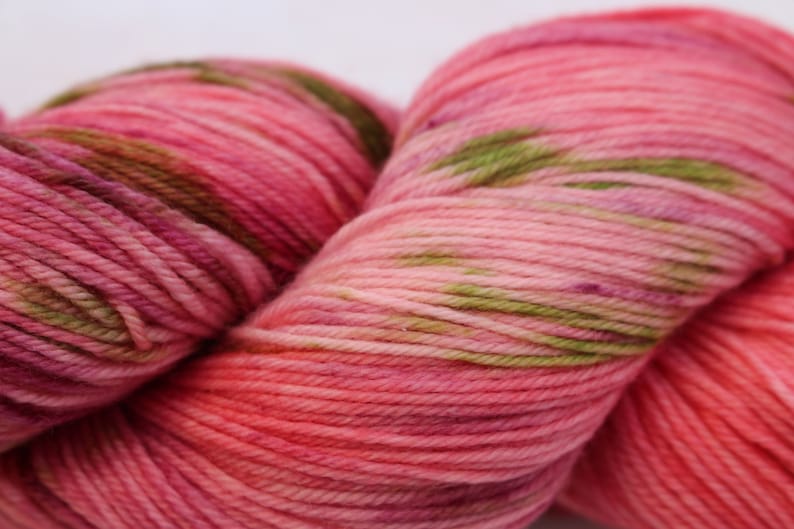 Merino Nylon 4 ply Kept by the power of God Cashmere in soft shades of pink with the verse in green. fingering weight Scripture Yarn