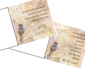 Christian Stationery download, with 2 scripture/quote options 6x6 inch Print, Bookmark, A5 notepaper and Greetings Card. Sparrow on Branch