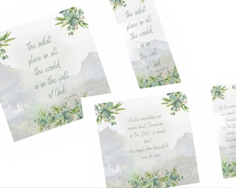 Christian Stationery download, with two scripture/quote options. 6x6 inch Print, Bookmark, A5 notepaper and Greetings Card. Mountains.