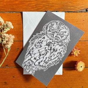 Carte Linocut Grey Owl - Carte originale d’impression animale Linocut - Carte vierge - Impression en bloc - Carte de vœux - Impression linoléum - 5x7