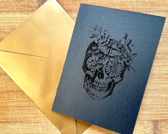 Black Skull with Flowers and Butterflies Black Card - Embossed design. Blank Inside - 6x4 - Any Occasion
