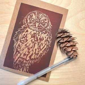 Linogravure Print Owl Card - Cartes de vœux Oiseaux - Carte d’impression Linogravure faite à la main d’un hibou - Carte vierge - Impression en bloc - Impression linoléum - 5x7