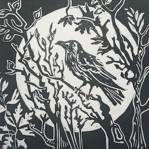 Crow Moon Linocut - Crow Wall Art  - Handprinted Linocut - Original Linoleum Print Artwork- 5x5