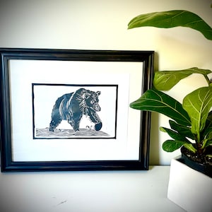 Grizzly Bear Linocut - Minimalist Handprinted Linocut of a Bear in Bella Coola, BC - Wall Art Print - Original Linoleum Print Artwork- 8x11