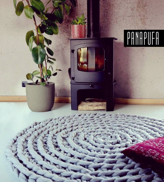 Wolle Chunky Knit Rug Hakeln Teppich Groben Runden Teppich Etsy