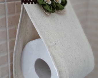 Toilet paper roll holder in fabric (handmade, ivory with dark green details)