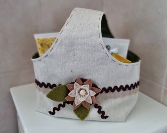 Fabric bath basket (handmade, ivory with dark green details)