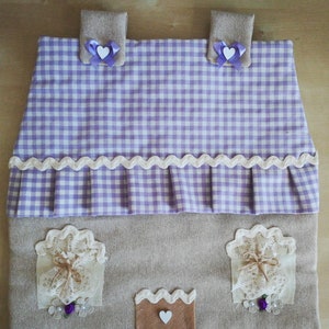 Cottage-shaped fabric oven cover handmade, lilac with decorations image 1