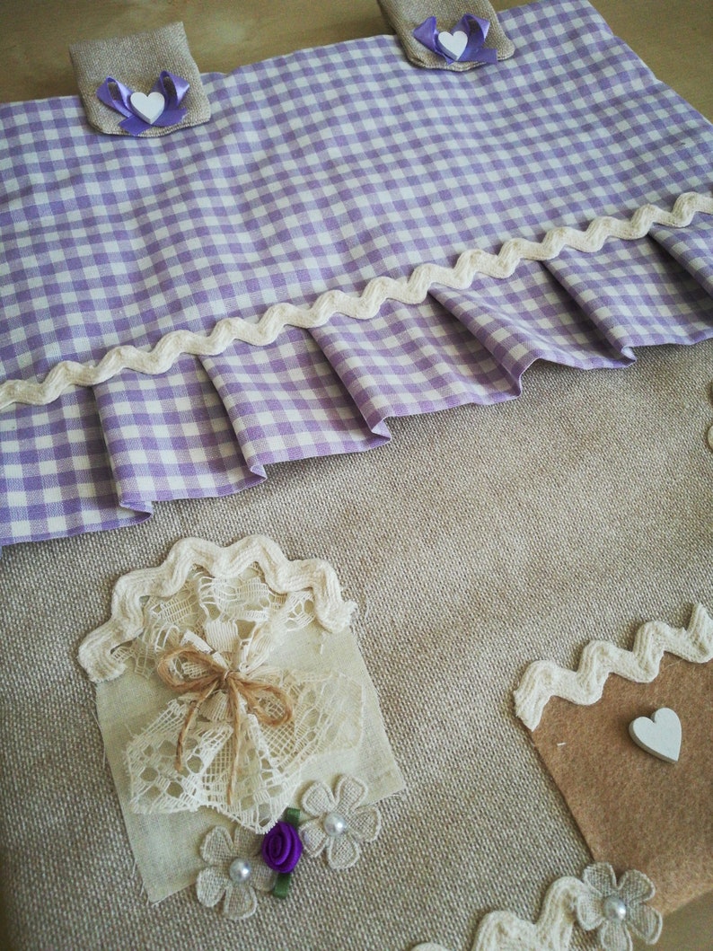 Cottage-shaped fabric oven cover handmade, lilac with decorations image 2