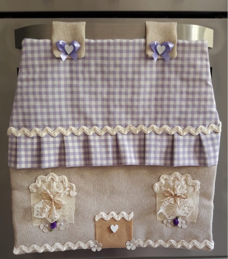 Cottage-shaped fabric oven cover handmade, lilac with decorations image 3