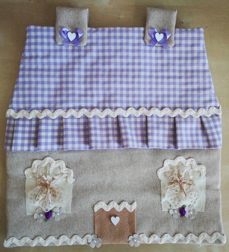 Cottage-shaped fabric oven cover handmade, lilac with decorations image 1