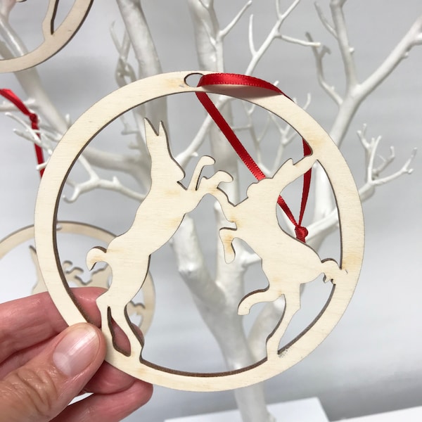 Boxing Hares Decoration, Boxing Hares, Boxing Hares Themed Gifts, Natural Wood Christmas Decoration, Hares Jumping, wildlife ornament