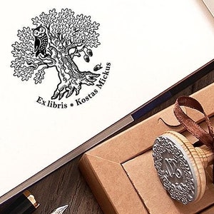 Timbro Ex libris Gufo, timbro libro uccello e albero, ex libris biblioteca ghiande ramo di quercia, regali fatti a mano per amanti dei libri in scatola speciale