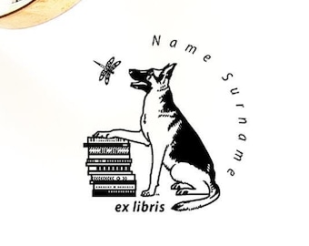 German Shepherd Ex Libris Stamp Personalized, Dog & Dragonfly Gift