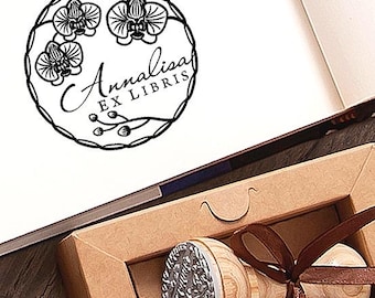 Orchid Ex Libris Stamp, Personalized Wreath Bookplate, Art Gift, Special Box
