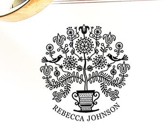 Tree of Life Book Stamp Personalized, Library Bookplate Lilies Birds, Art Gift, Special Box