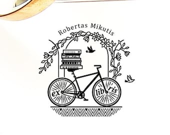 Ex Libris Stamp with Bicycle and Books, Floral City Arch, Personalized Art Gift in Special Box