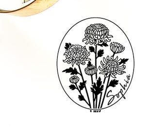 Chrysanthemum Stamp Personalized, Custom Name Birth Flower, Original Art Gifts, Special Box