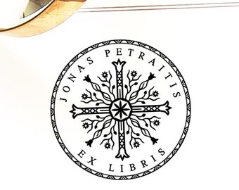 Sun Cross Ex libris Personalized, Book Stamp Solar Wheel, Art Gift, Special Box