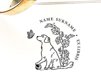 Golden Retriever Ex Libris Stamp Personalized: Dog & Butterfly Art Gift