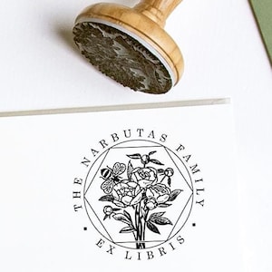 Ex libris Bee, Peony Flowers, Book Stamp Personalized, Handmade Art Gifts in Special Packaging